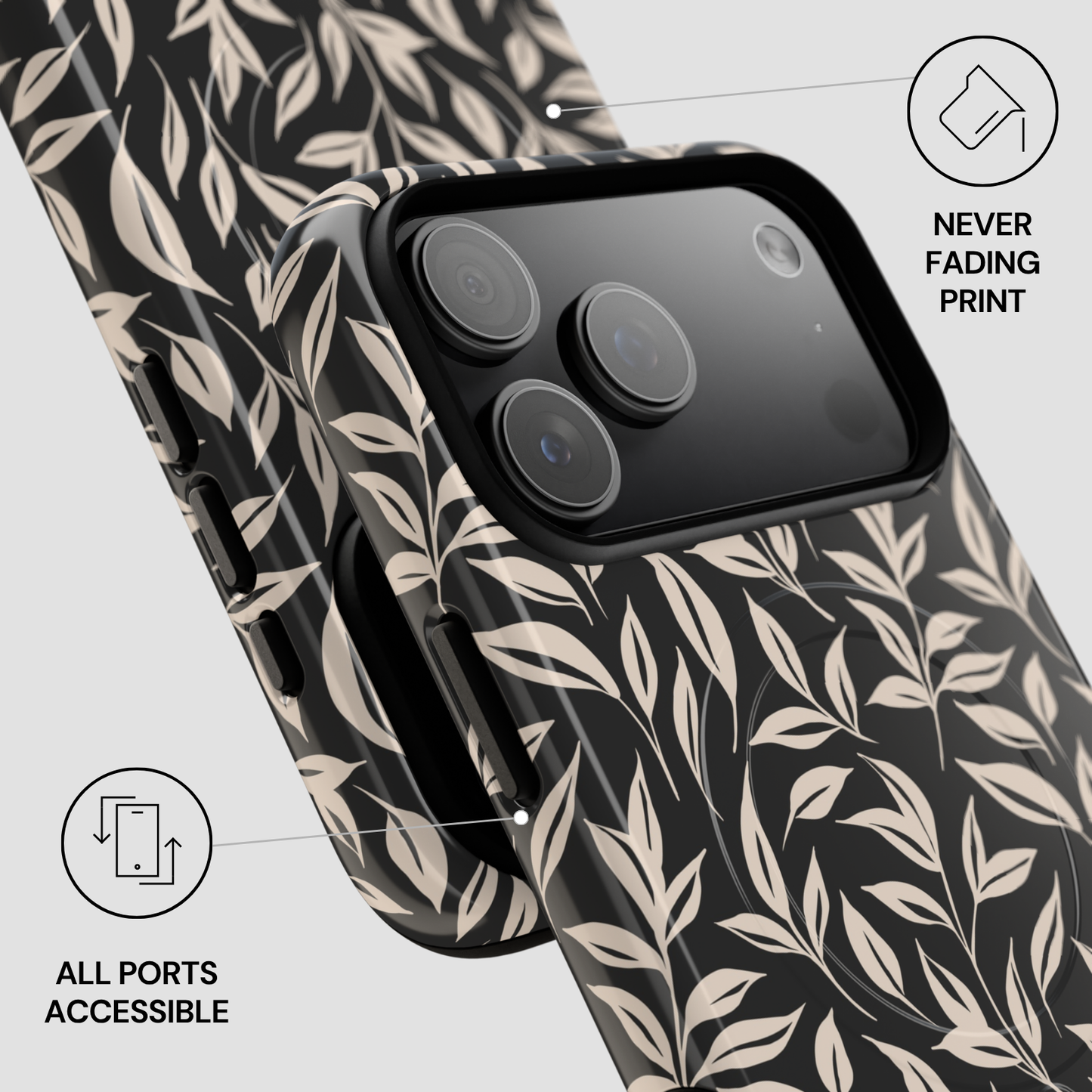 Phone case with leaf pattern and accessibility features on a light gray background