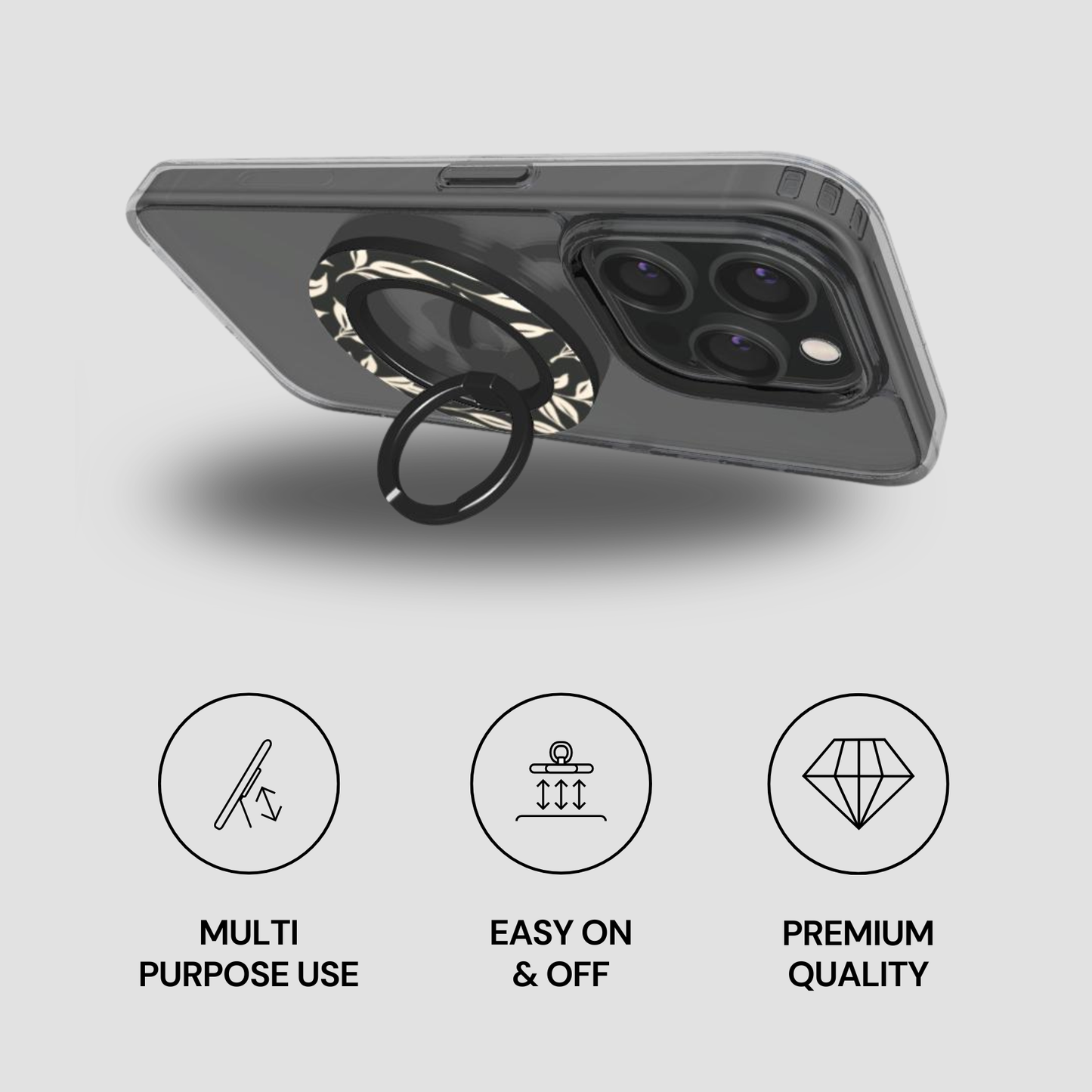 Phone case with ring holder on a gray background