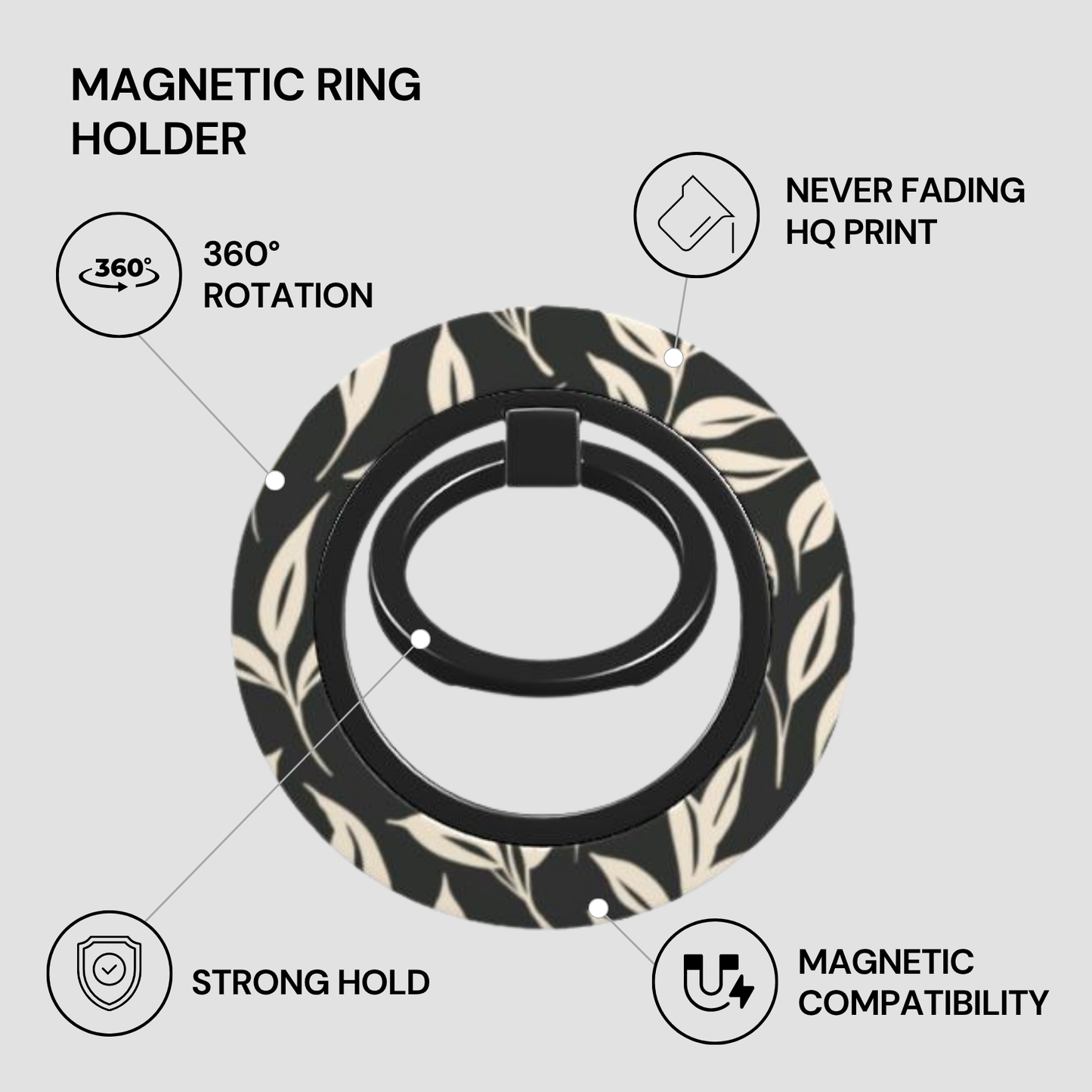 Magnetic ring holder with leaf pattern on a light gray background