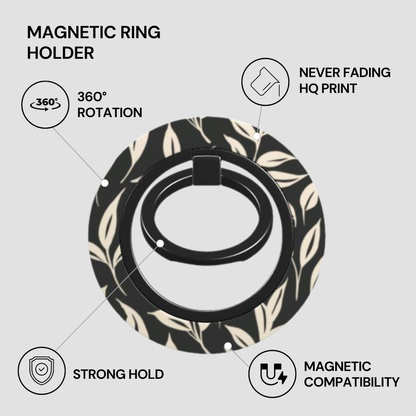 Magnetic ring holder with leaf pattern on a light gray background