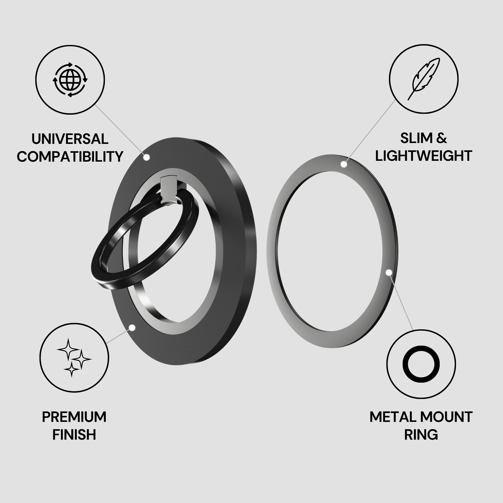 Metal mount ring with features highlighted on a light gray background