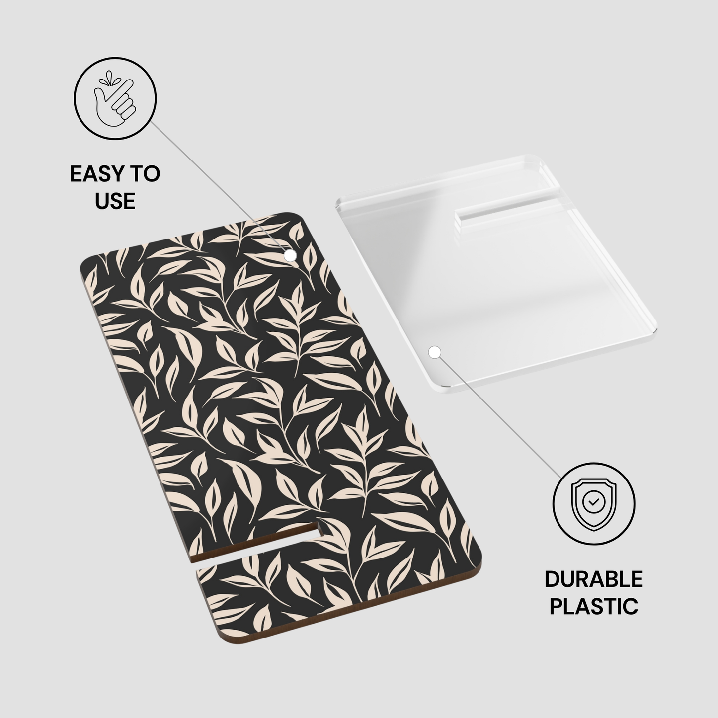 Product packaging with a leaf pattern on a white background