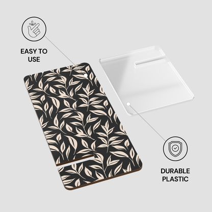 Product packaging with a leaf pattern on a white background