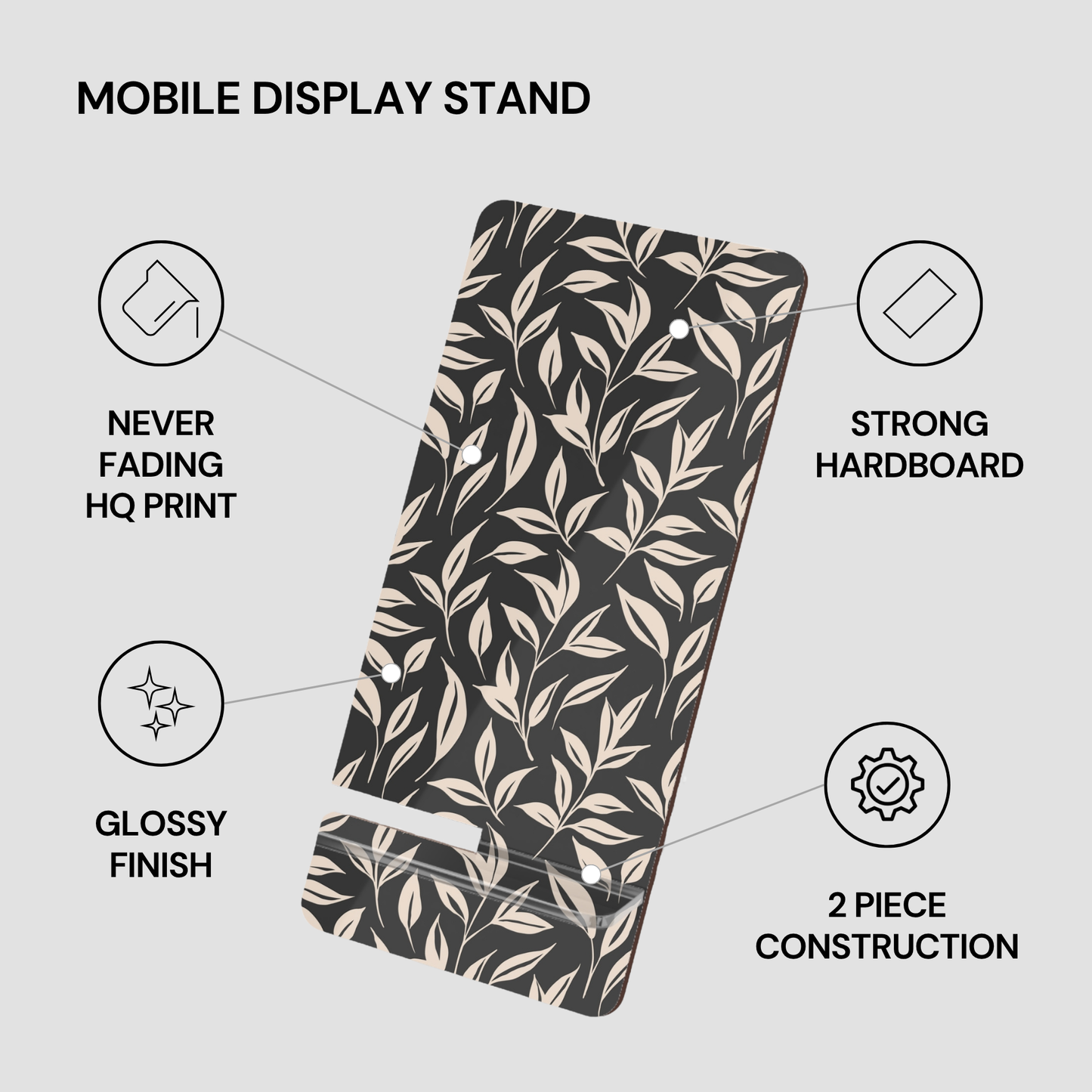 Decorative mobile display stand with floral pattern on a gray background