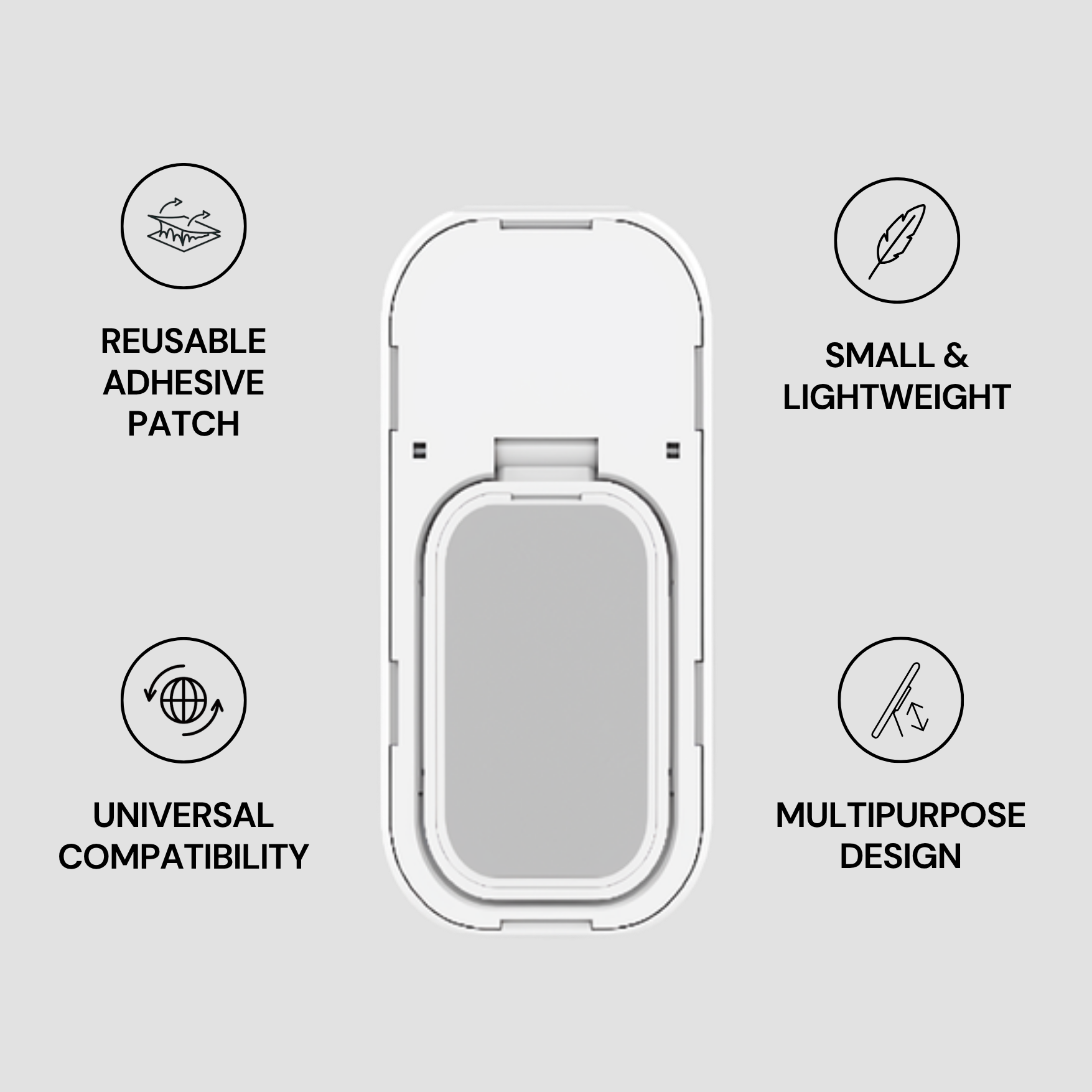 Reusable adhesive patch with features listed on a gray background