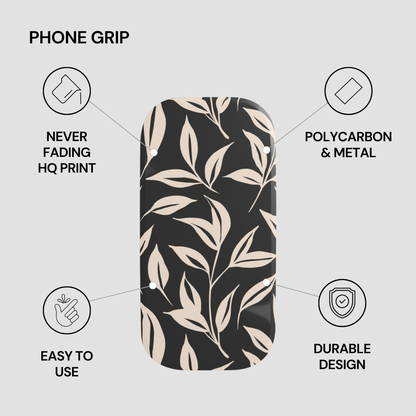 Phone grip with leaf pattern and feature text on a light gray background