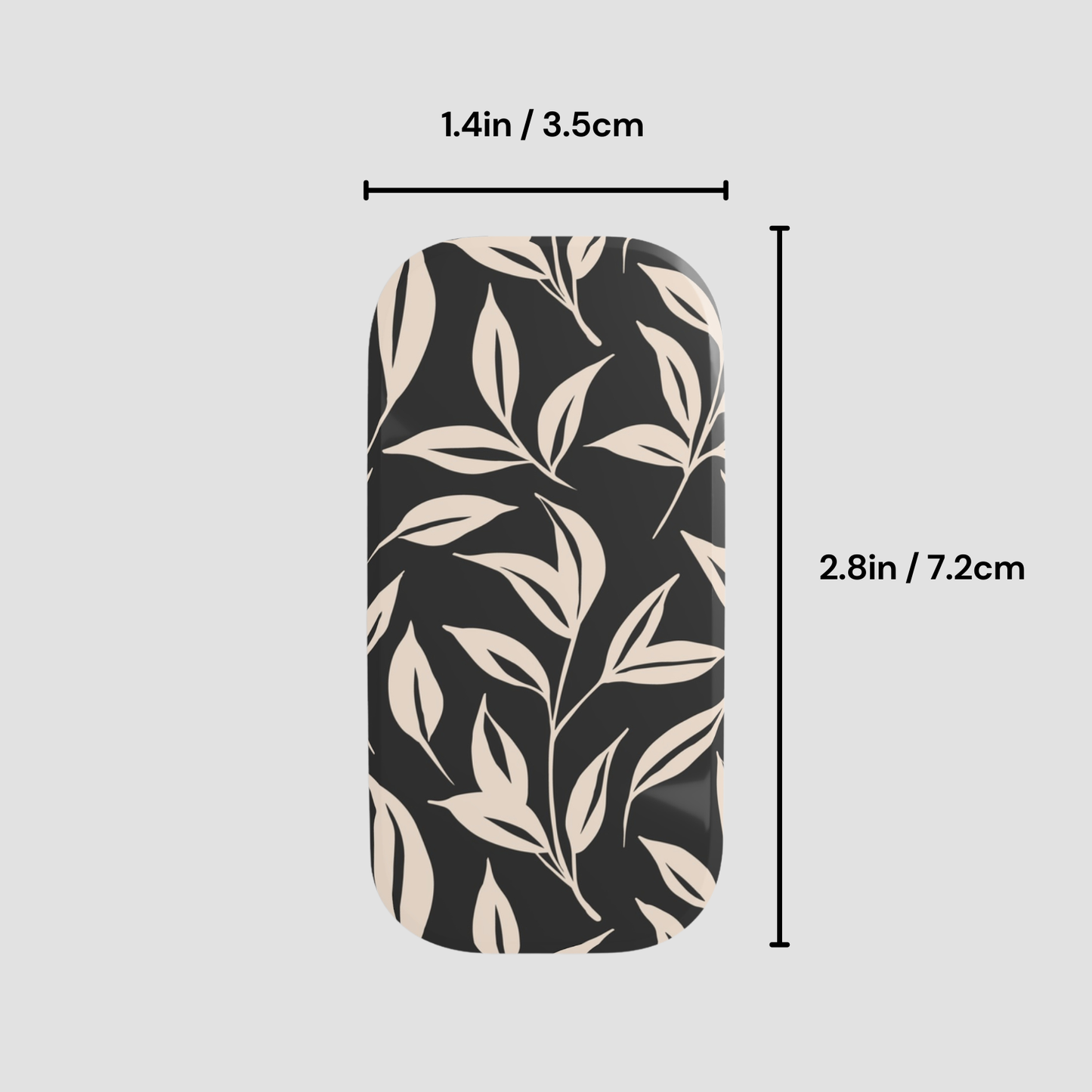 Phone case with leaf pattern and measurements on a gray background