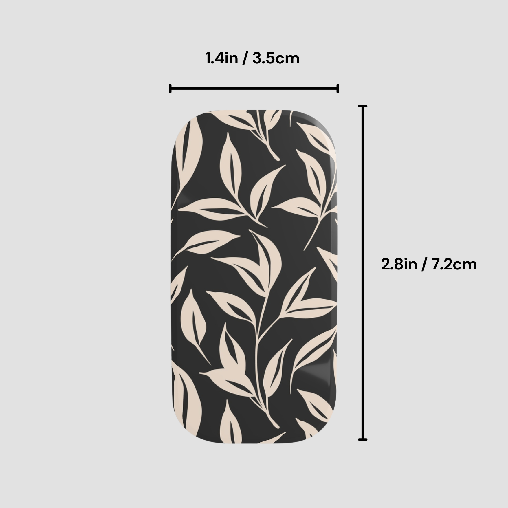 Phone case with leaf pattern and measurements on a gray background