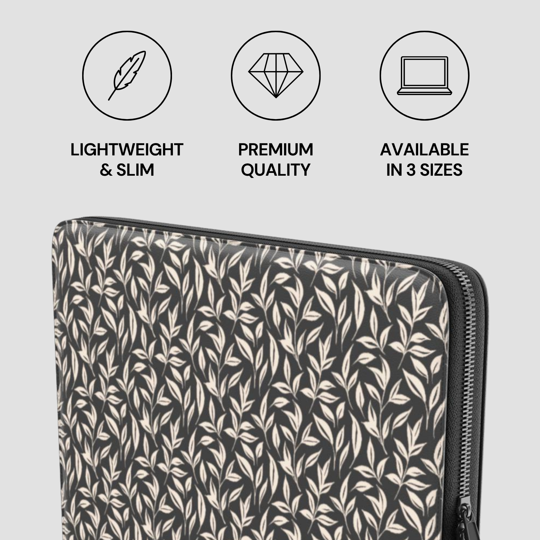 Patterned laptop sleeve with icons and text describing features on a light gray background