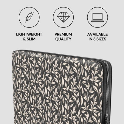 Patterned laptop sleeve with icons and text describing features on a light gray background
