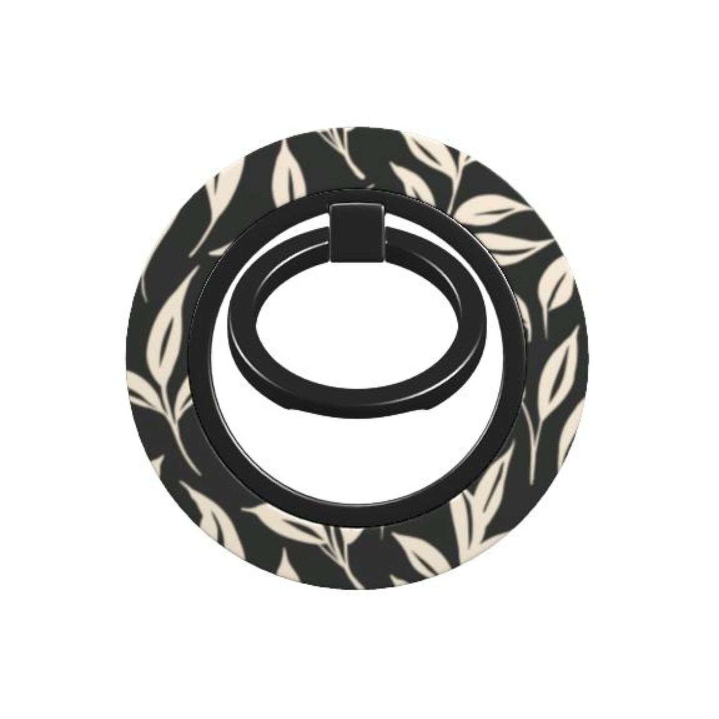 Black and beige patterned ring stand on a white background