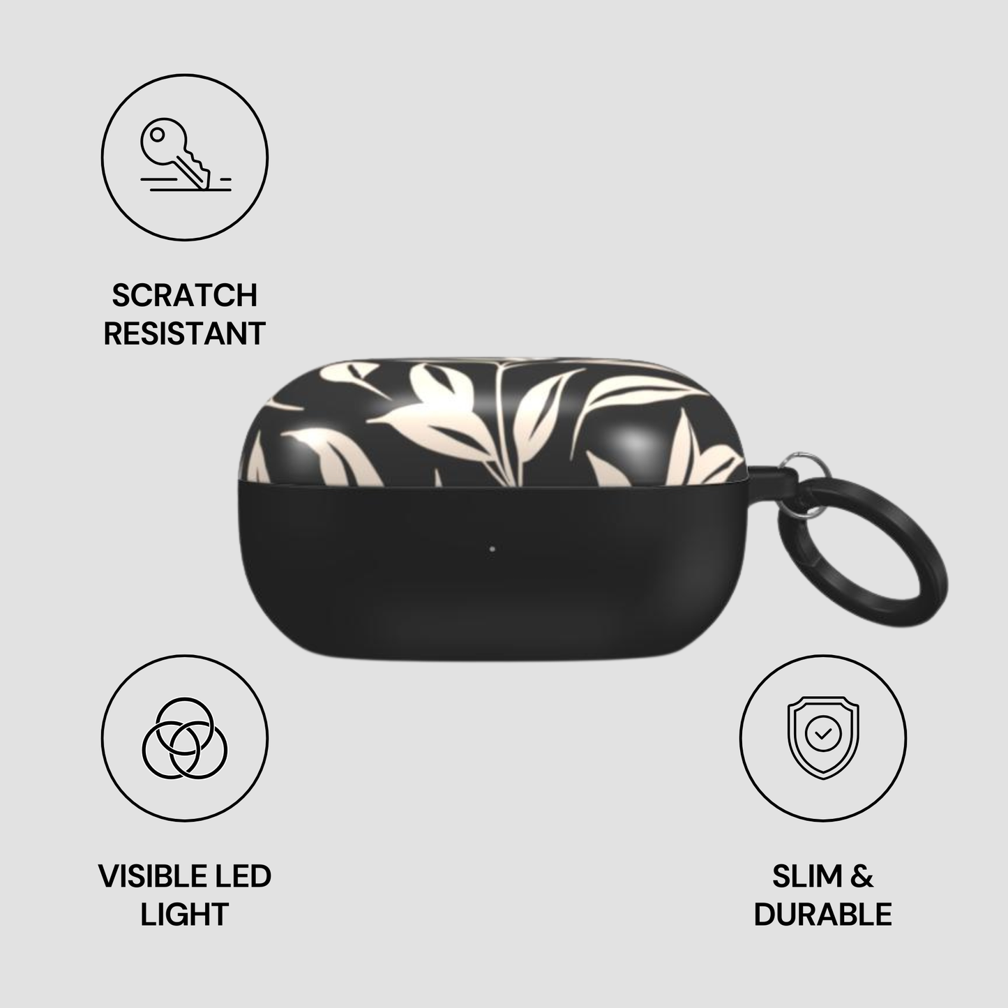 Black case with floral design on a gray background, featuring scratch-resistant, visible LED light, slim, and durable attributes.