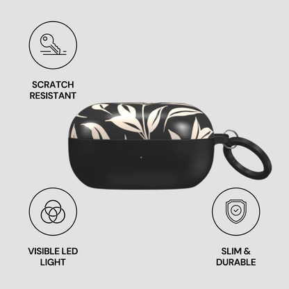 Black case with floral design on a gray background, featuring scratch-resistant, visible LED light, slim, and durable attributes.