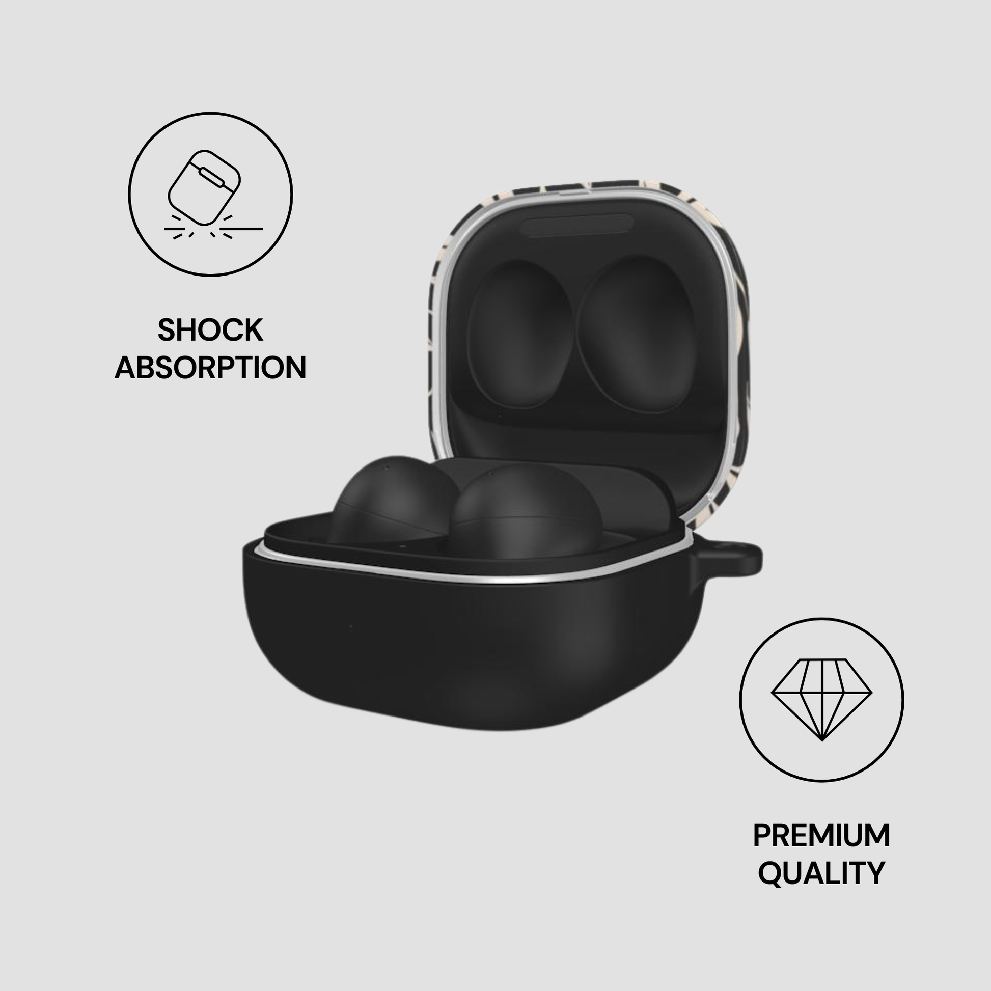 Black earbud case with colorful pattern on a white background, featuring icons for shock absorption and premium quality.