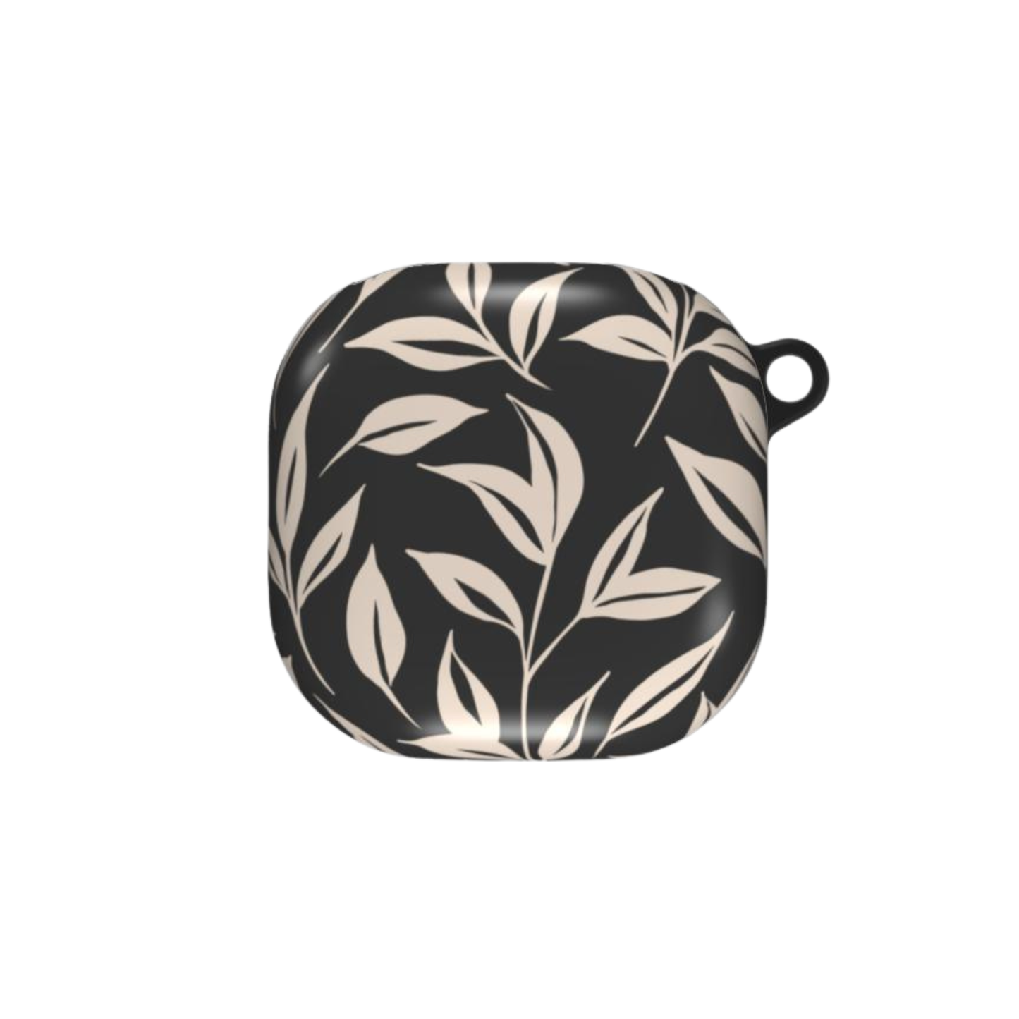 Black square dish with beige leaf pattern on a white background