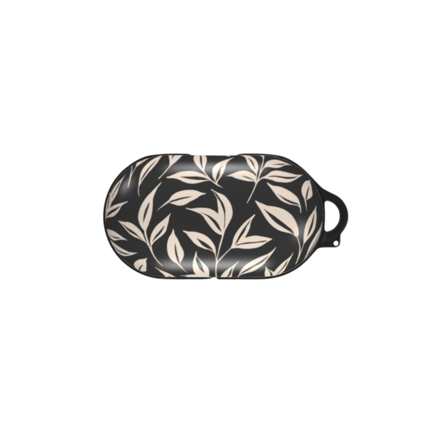 Black buds case with beige leaf pattern on a white background