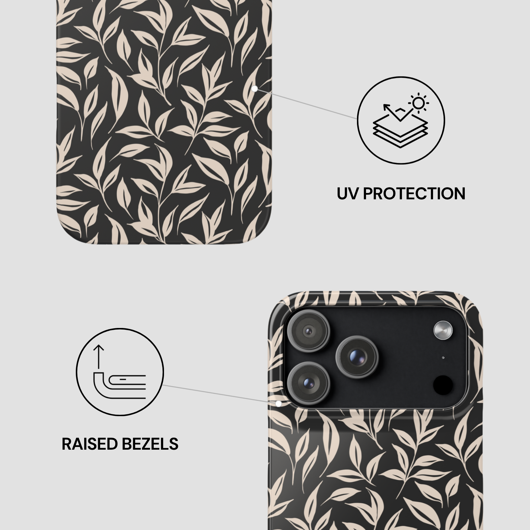 Phone case with leaf pattern and UV protection and raised bezels features on a light gray background