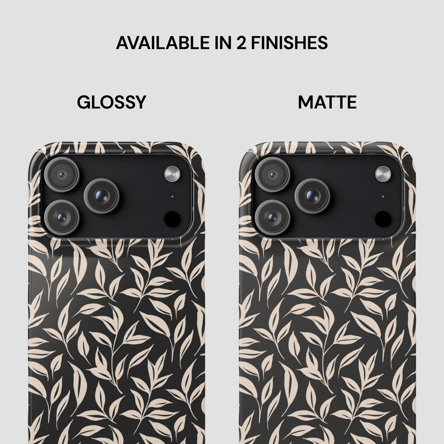 Phone case with leaf pattern in glossy and matte finishes on a white background