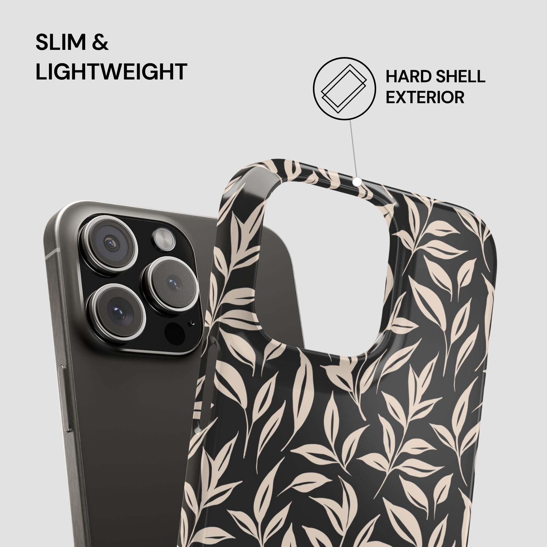 Phone case with leaf pattern and text highlighting features on a light gray background