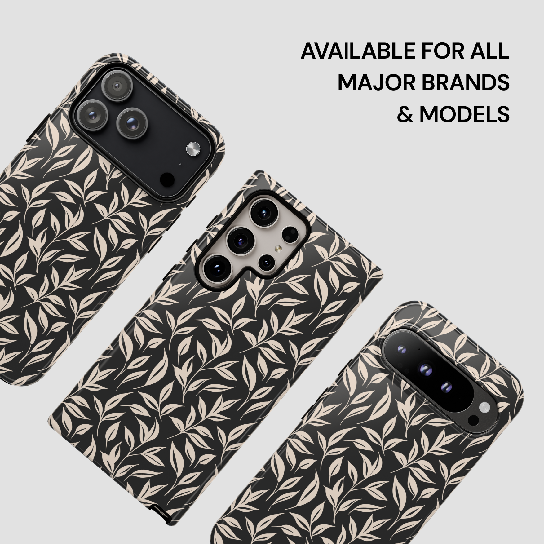 Phone cases with leaf pattern on a light gray background
