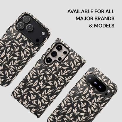 Phone cases with leaf pattern on a light gray background