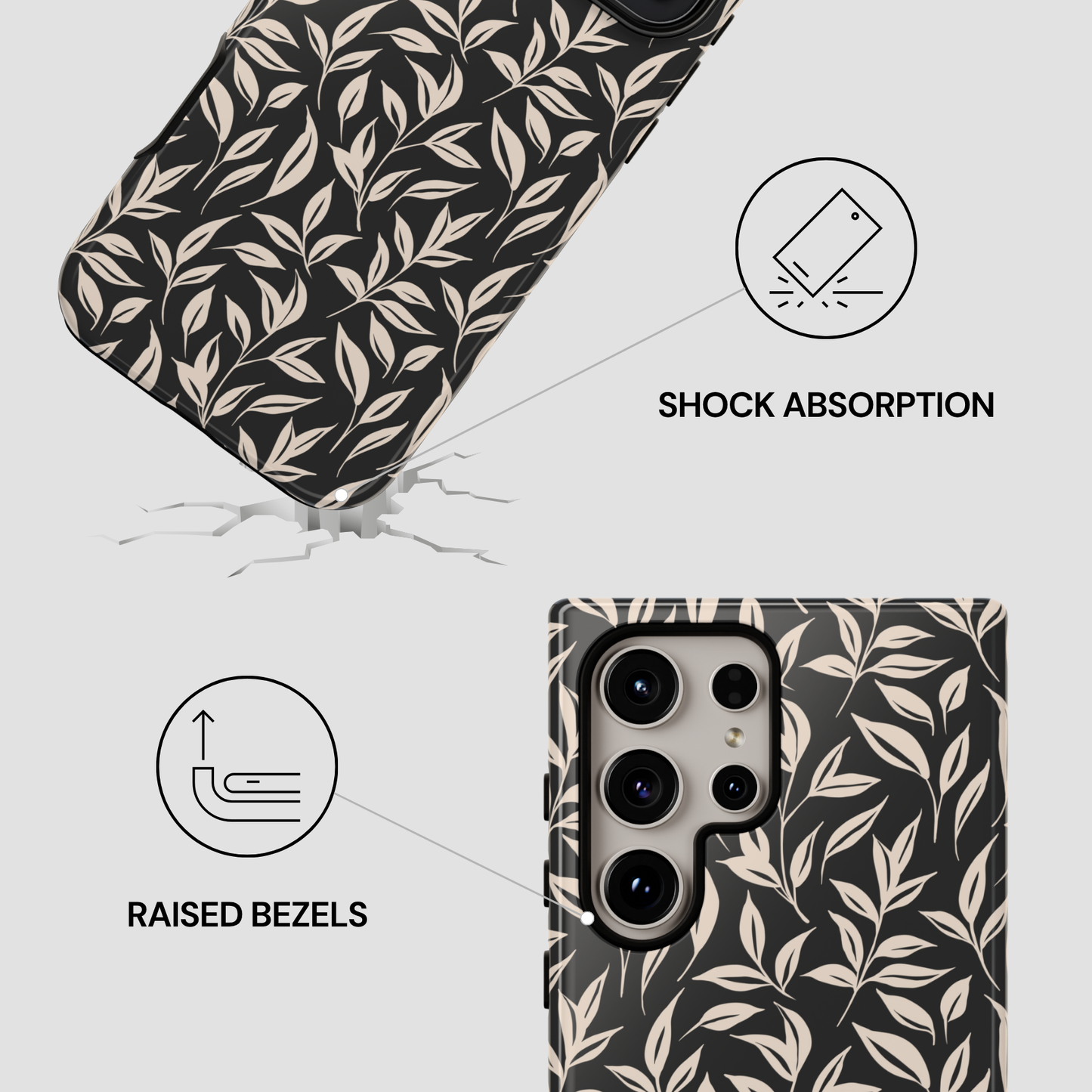 Phone case with leaf pattern and features highlighted on a white background
