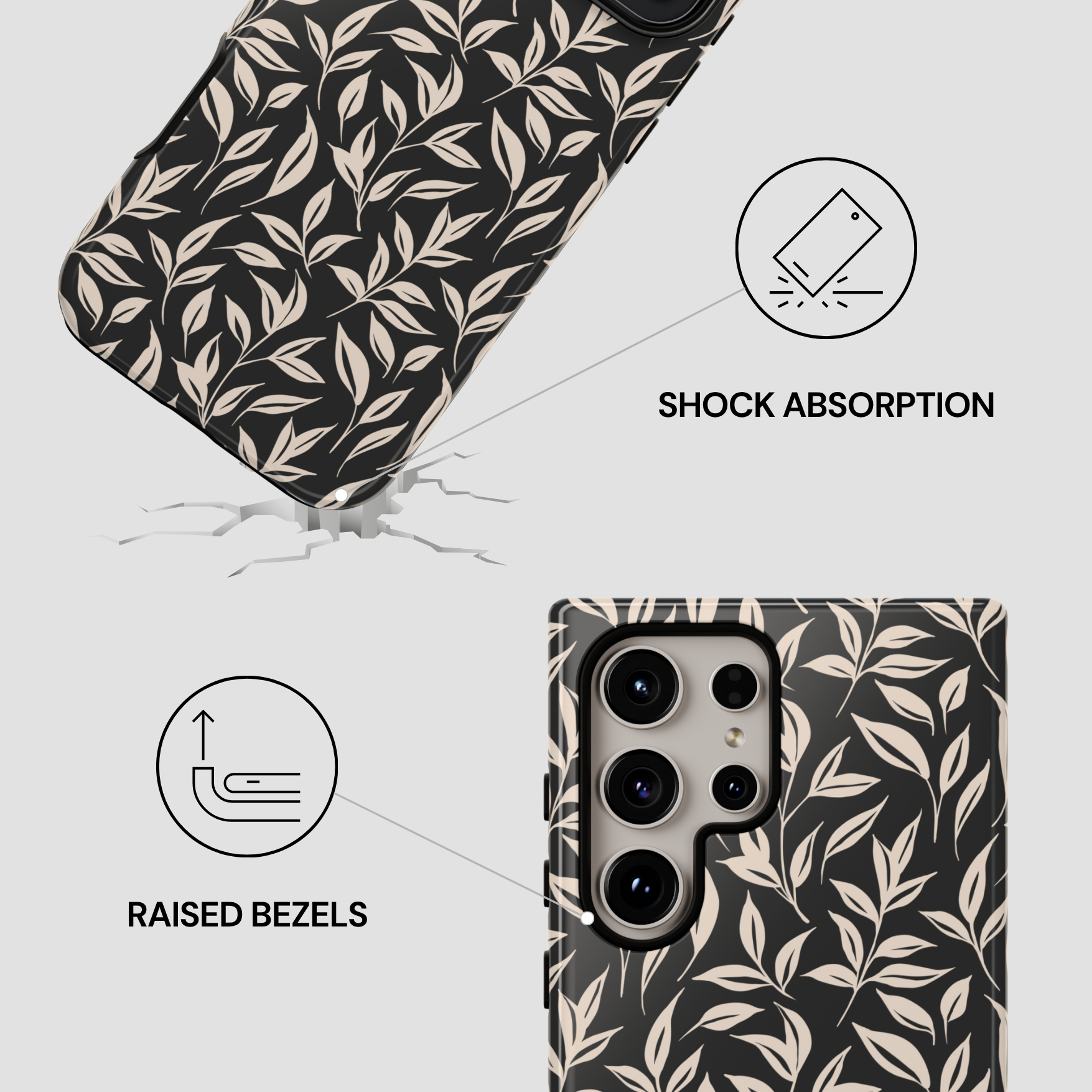 Phone case with leaf pattern and features highlighted on a white background