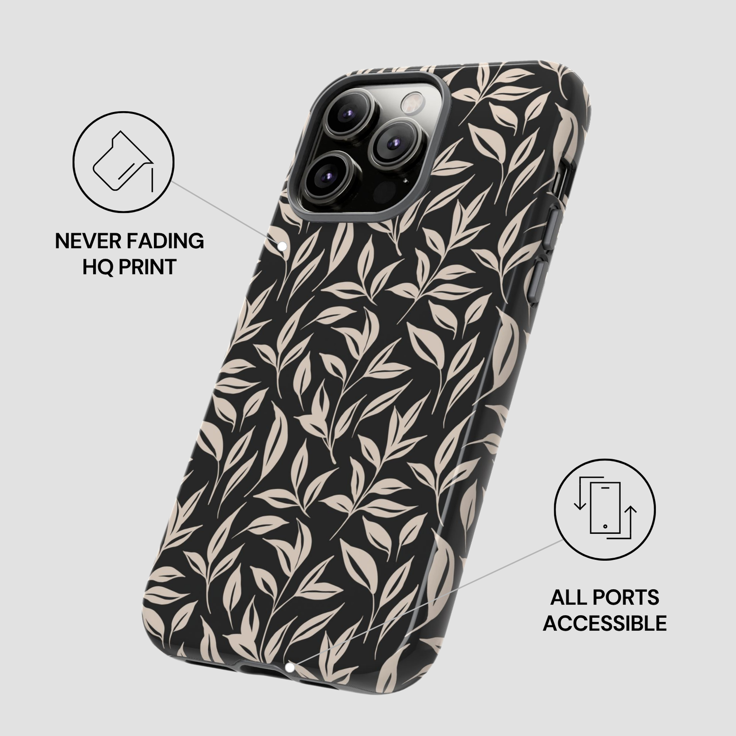 Phone case with leaf pattern on a light gray background
