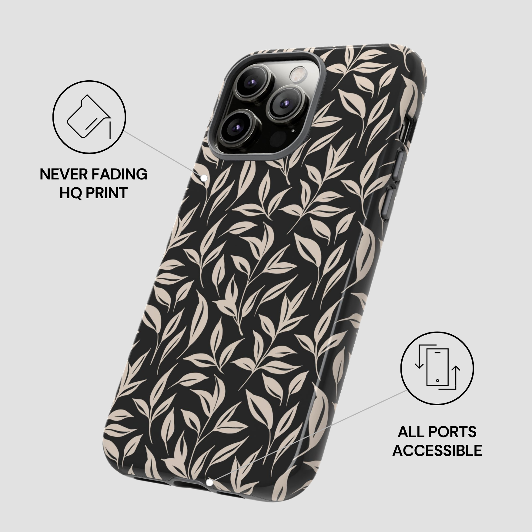 Phone case with leaf pattern on a light gray background