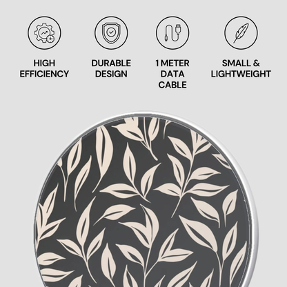 Circular product with leaf pattern on a gray background, featuring icons and text about product features.