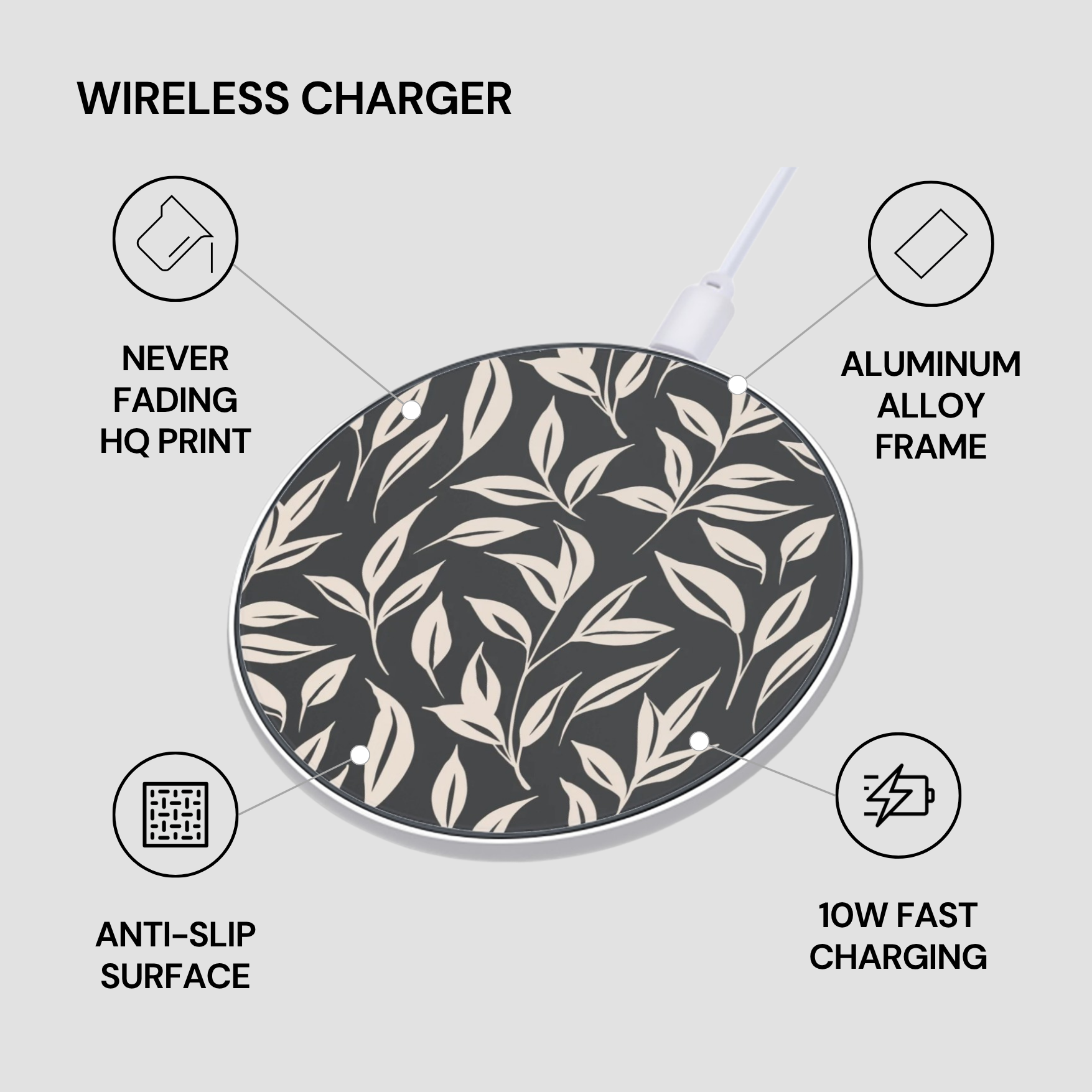 Wireless charger with leaf pattern on a gray background, featuring text about its features.