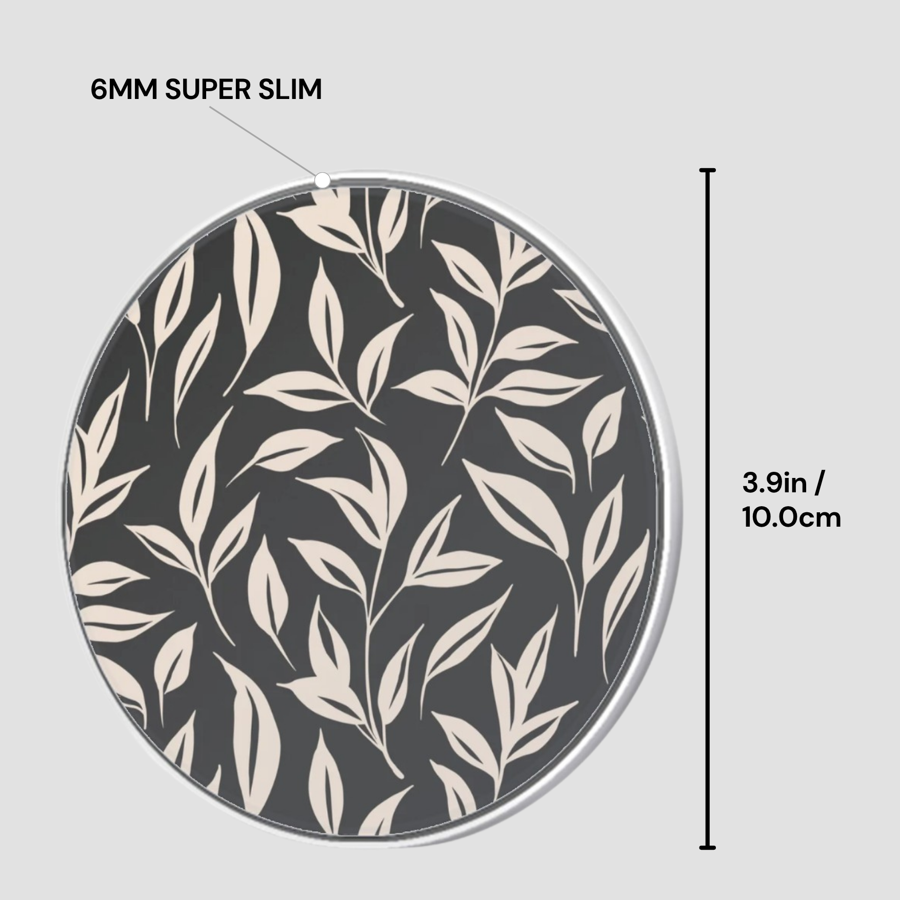 Circular object with leaf pattern and measurement details on a gray background