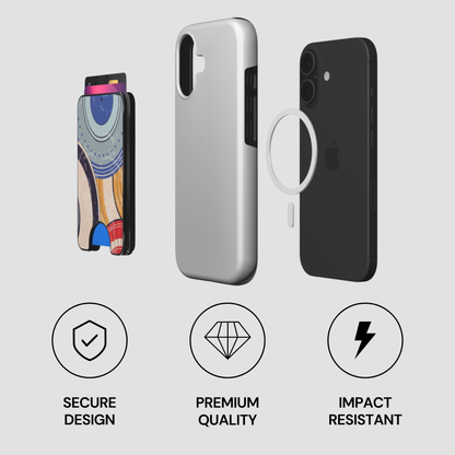 Three phone cases with icons and text describing features on a light gray background