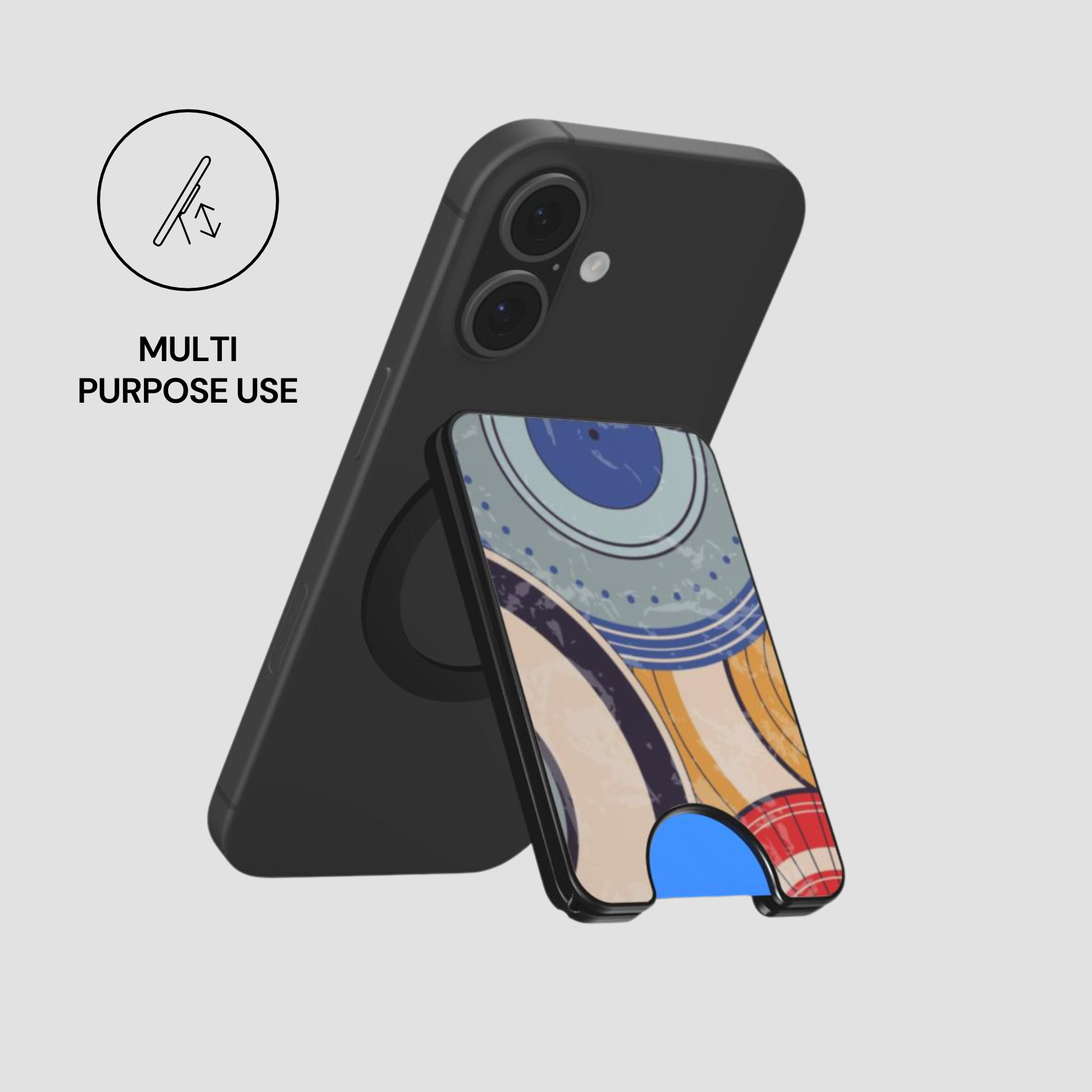 Phone case with colorful design on a gray background