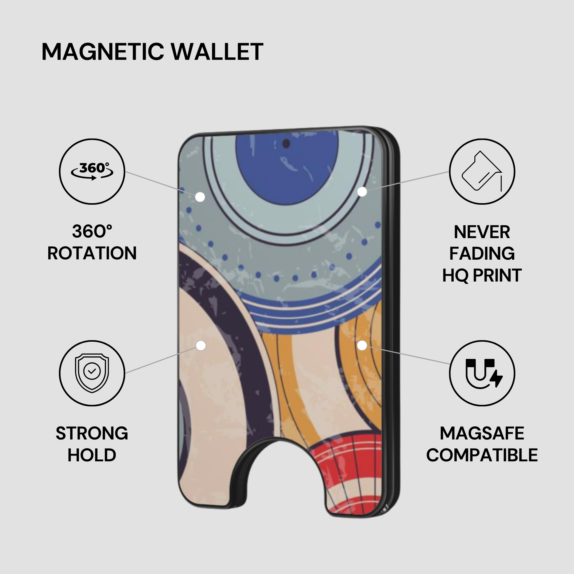 Magnetic wallet with colorful design on a gray background, featuring text highlighting its features.