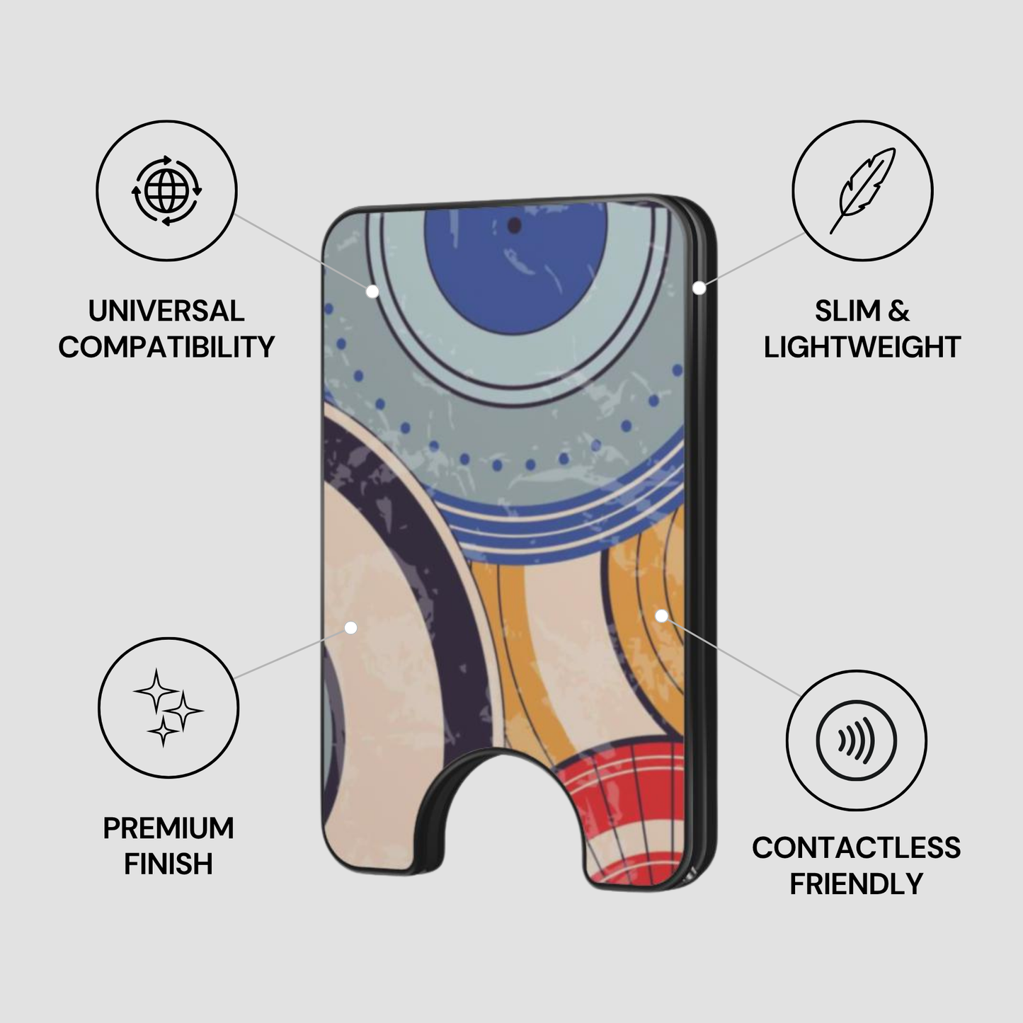 Colorful phone case with compatibility, weight, finish, and contactless features on a gray background