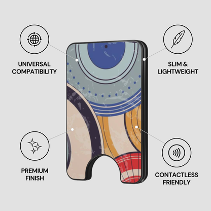 Colorful phone case with compatibility, weight, finish, and contactless features on a gray background