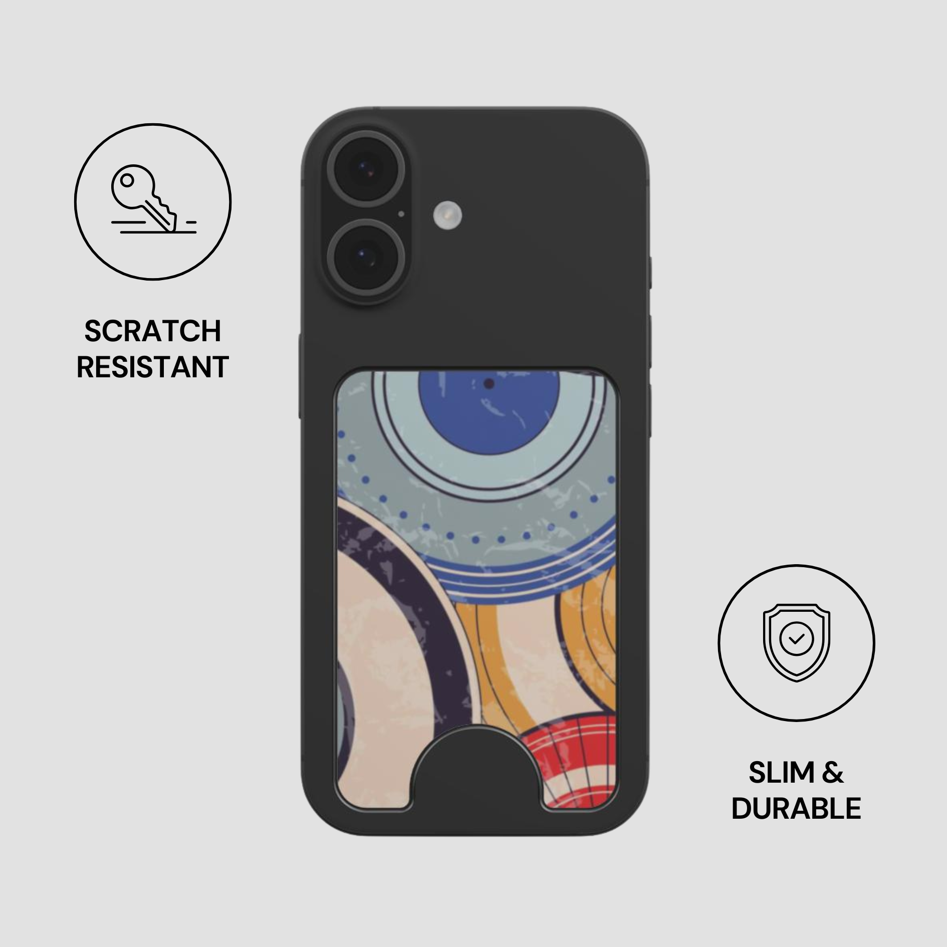 Phone case with colorful design and scratch-resistant, slim, and durable features on a light gray background
