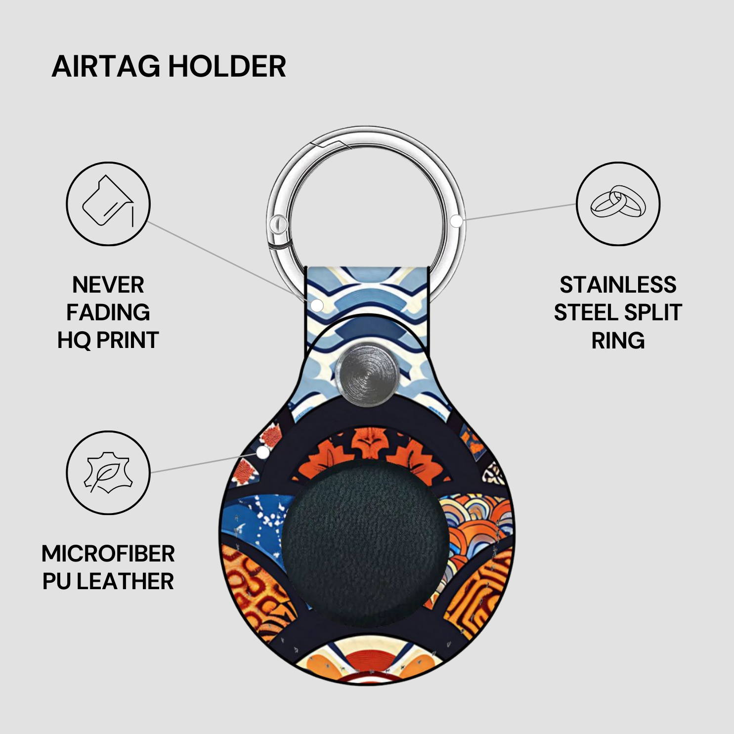 Airtag holder with colorful design on a gray background | Casenari