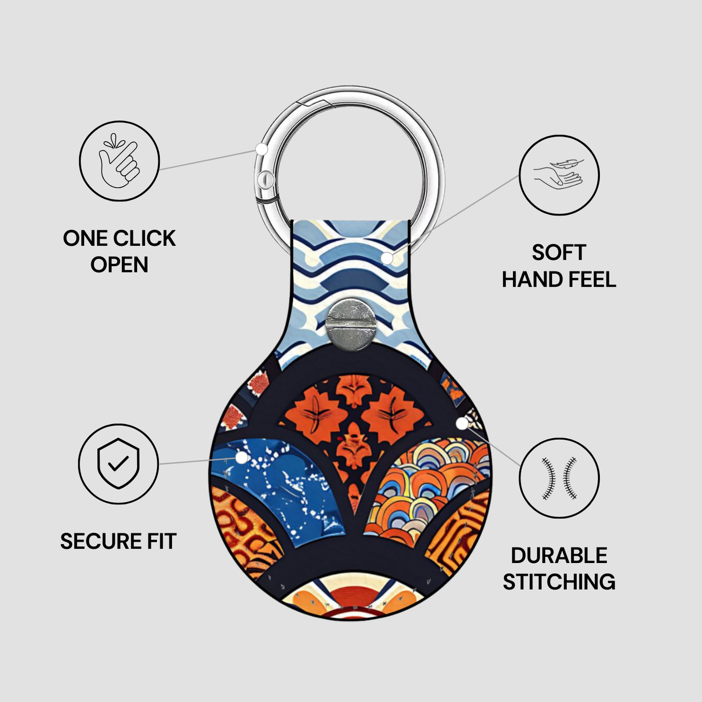 Keychain with colorful design and features on a gray background | Casenari