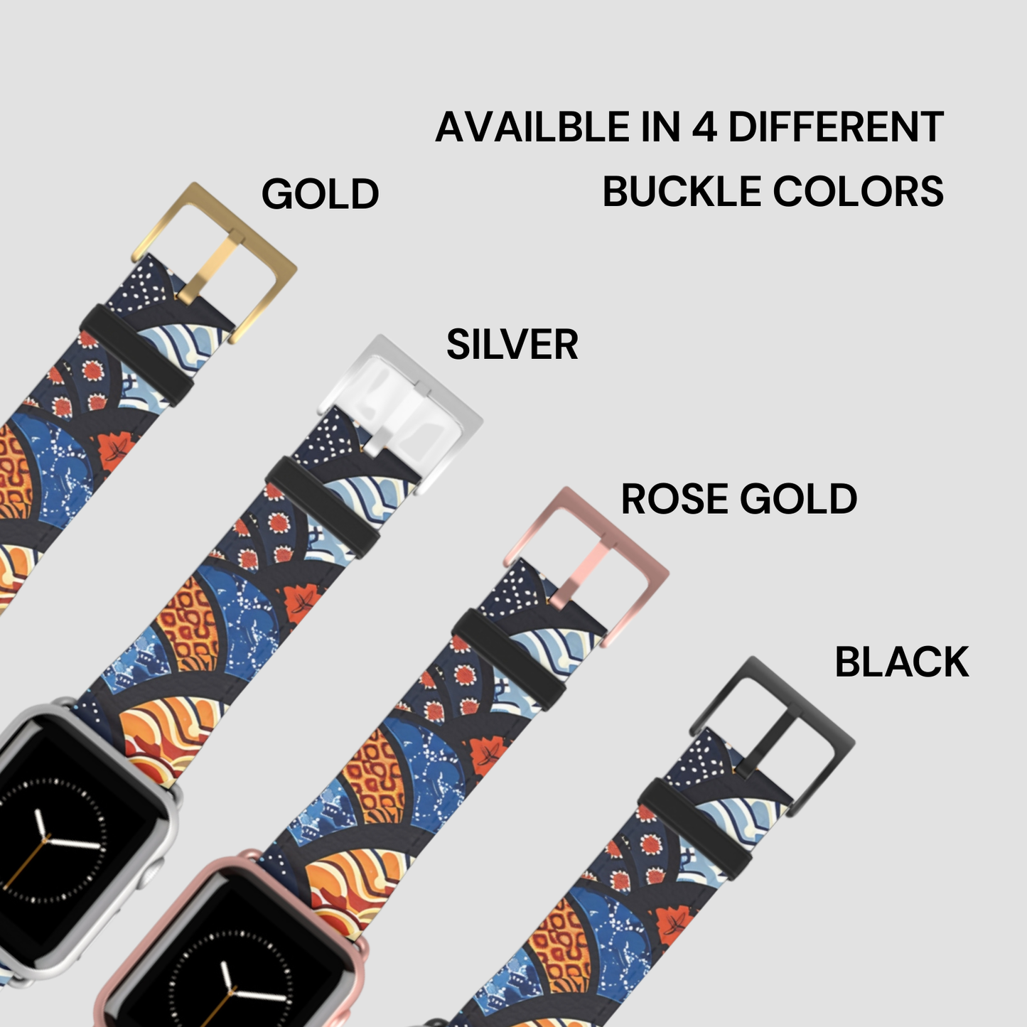Color options for a watch strap with gold, silver, rose gold, and black buckles on a light gray background. | Casenari