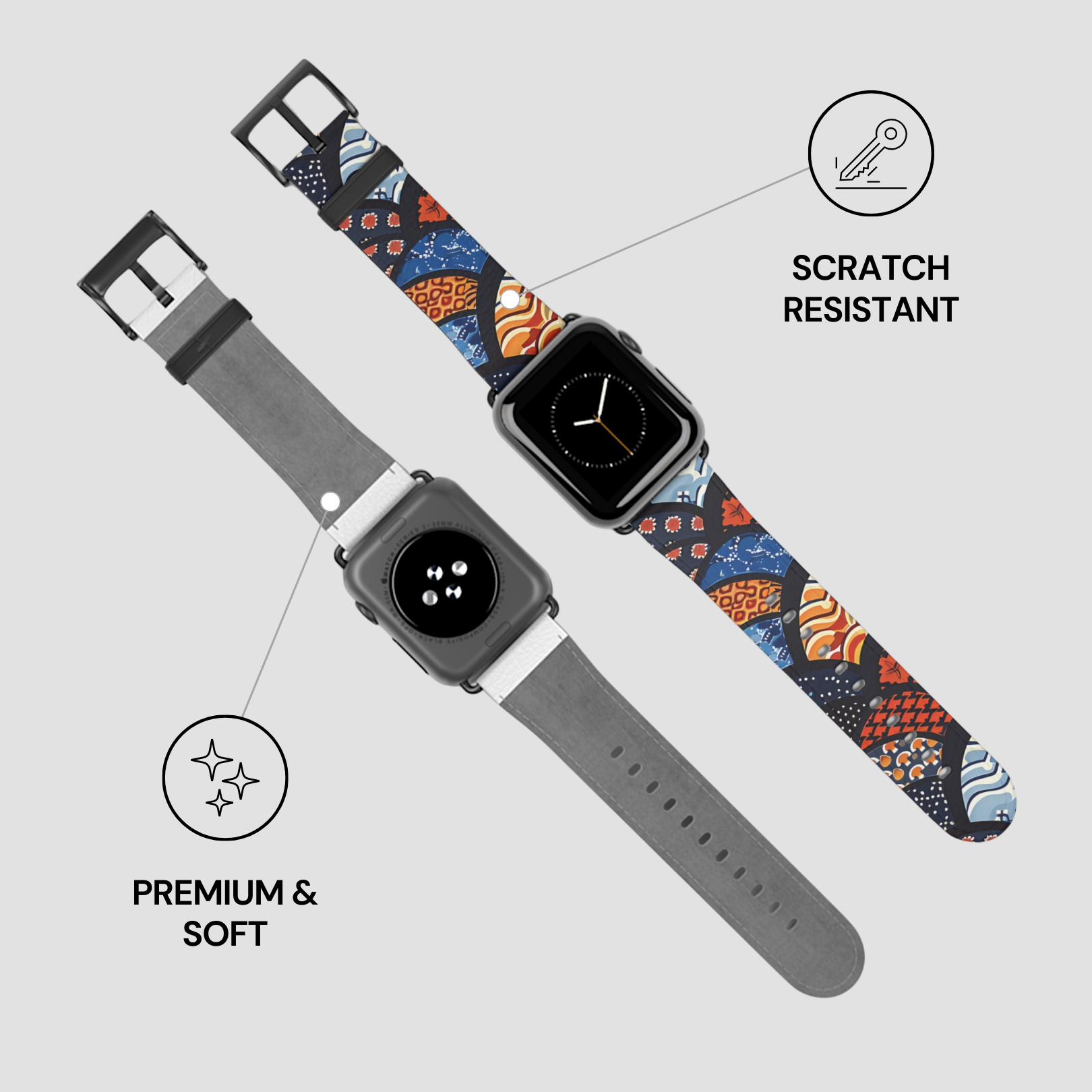 Two watch straps on a light gray background with 'Scratch Resistant' and 'Premium & Soft' text. | Casenari