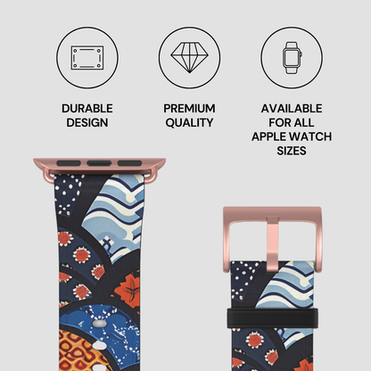 Watch strap with a colorful pattern on a light gray background, featuring durability, quality, and compatibility text. | Casenari