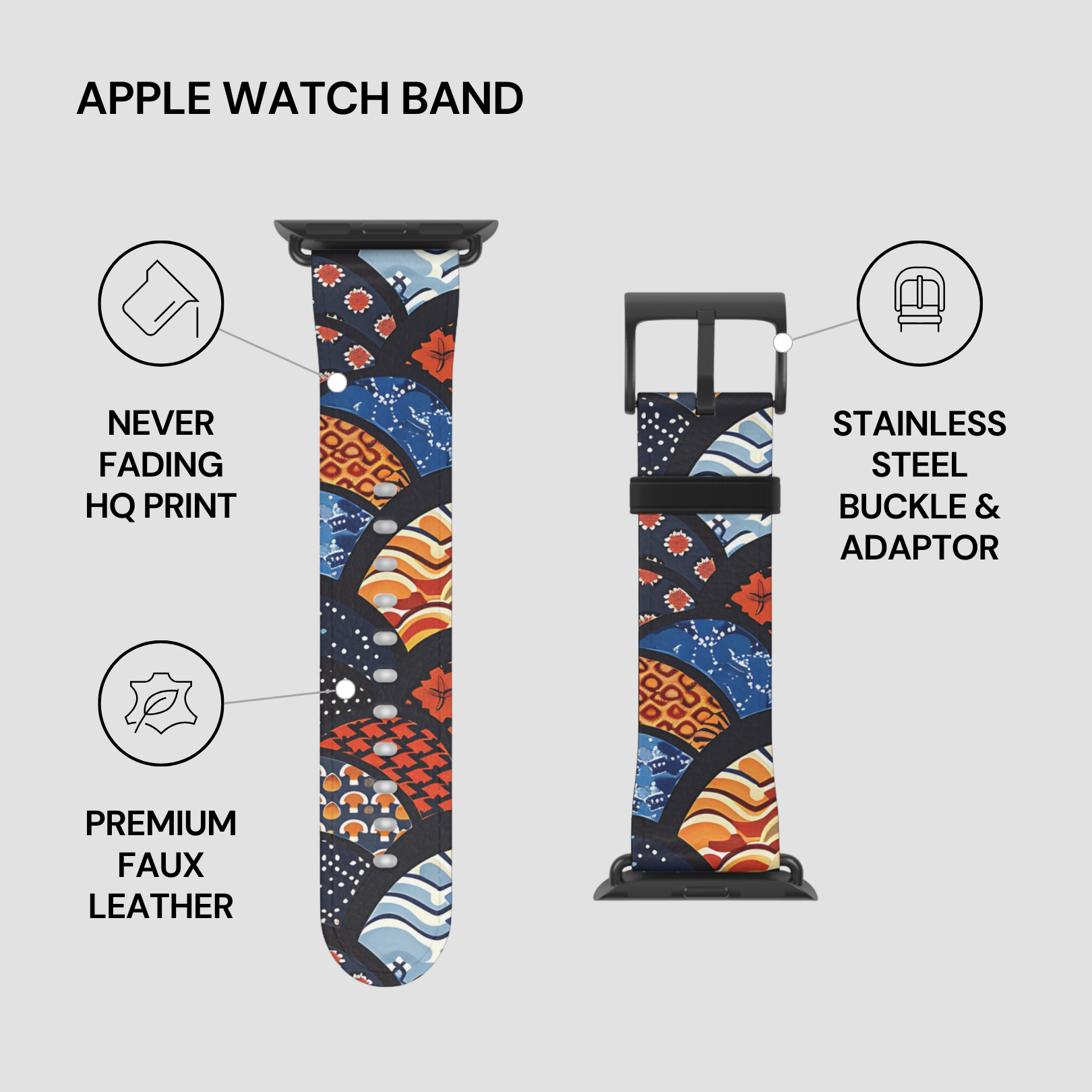 Apple Watch band with colorful design, stainless steel buckle, and adapter on a light gray background. | Casenari