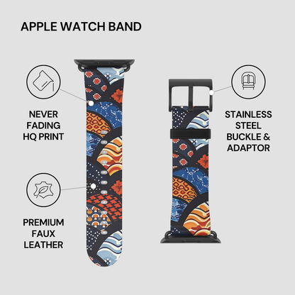 Apple Watch band with colorful design, stainless steel buckle, and adapter on a light gray background. | Casenari