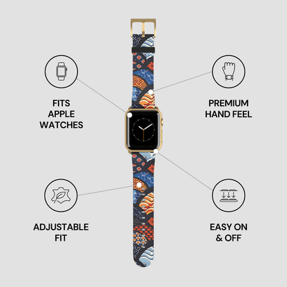 Colorful watch strap with features listed on a white background | Casenari