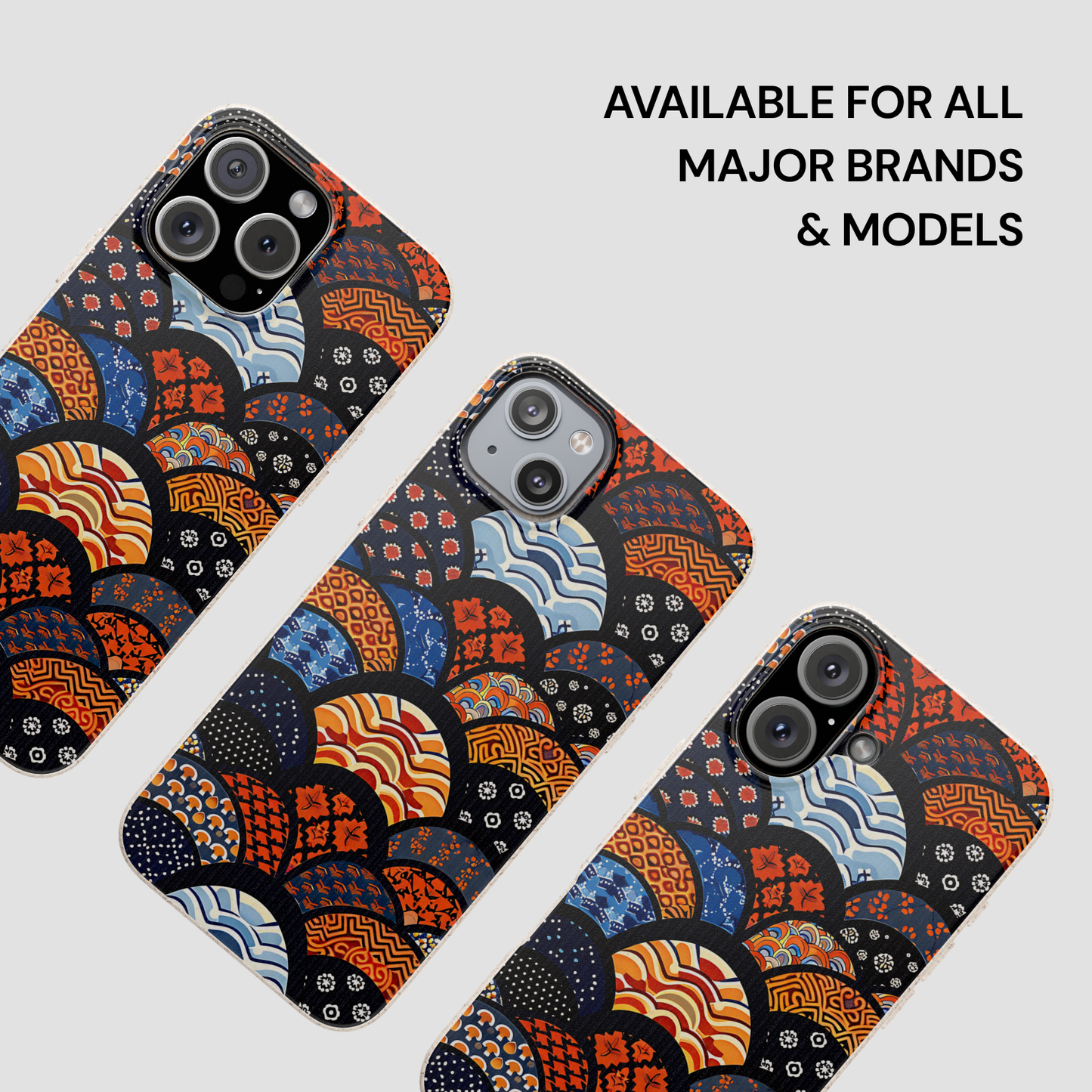 Three patterned phone cases on a white background with text 'Available for all major brands & models'. | Casenari