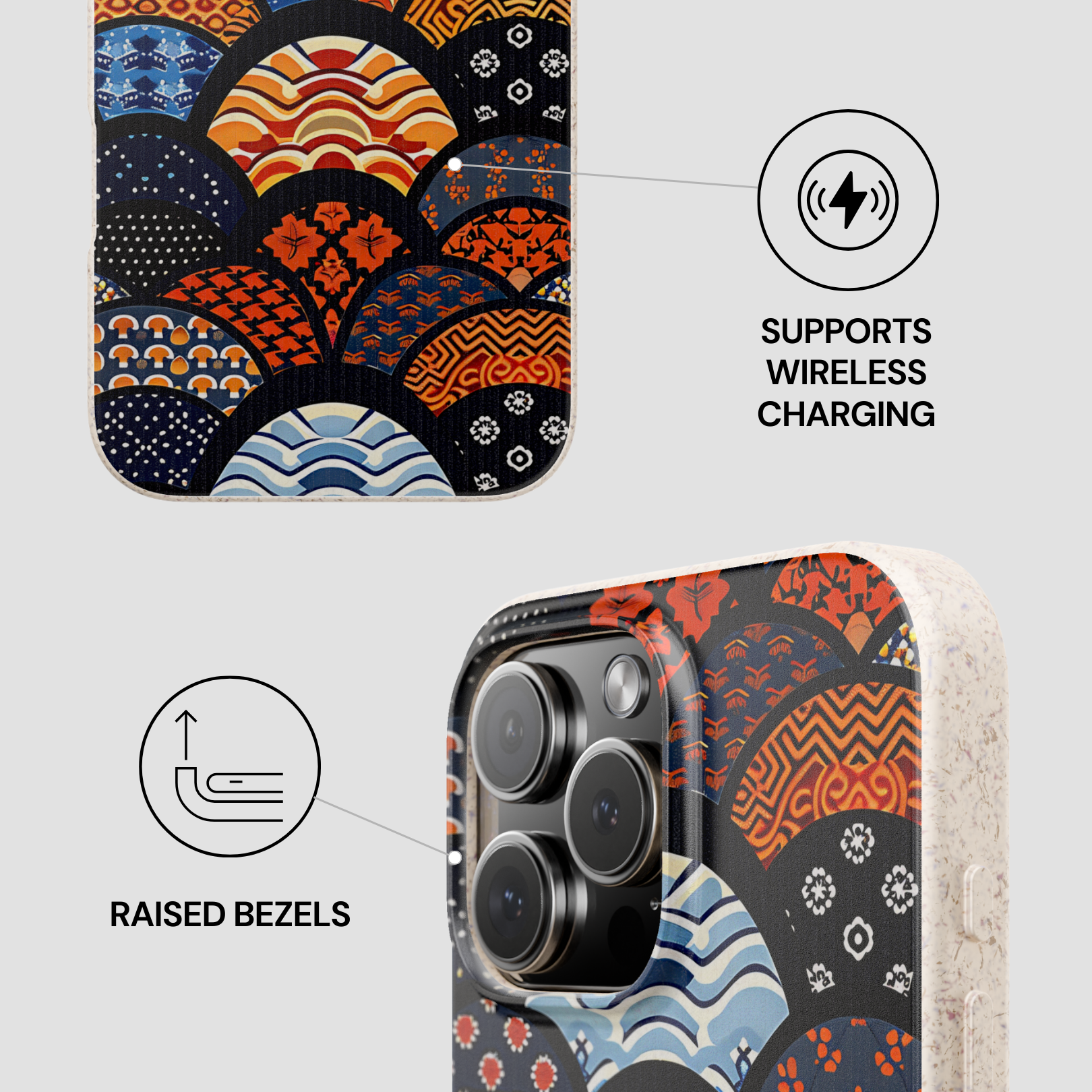 Phone case with a colorful pattern, wireless charging symbol, and raised bezels text on a light gray background. | Casenari