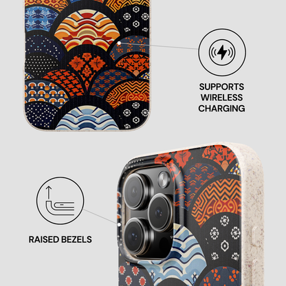 Phone case with a colorful pattern, wireless charging symbol, and raised bezels text on a light gray background. | Casenari