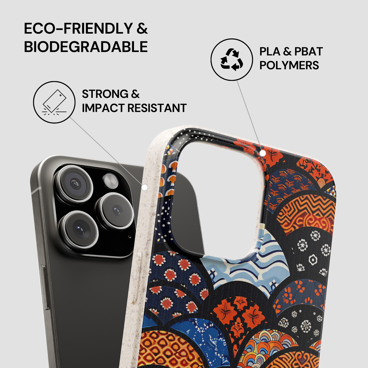 Eco-friendly phone case with a colorful design on a gray background | Casenari